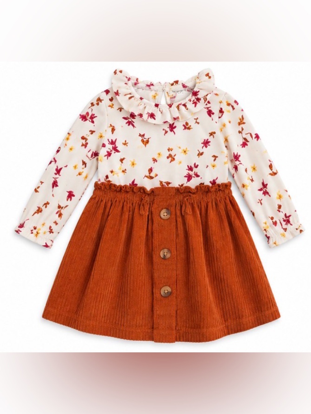 Long-Sleeve Floral Ruffle Collar Dress with Rust Skirt for Kids